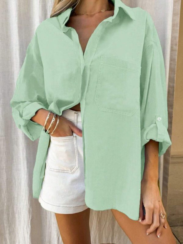 INAWLY Chemise décontractée à manches longues à épaules tombantes et à simple boutonnage à rayures pour femme – Image 27