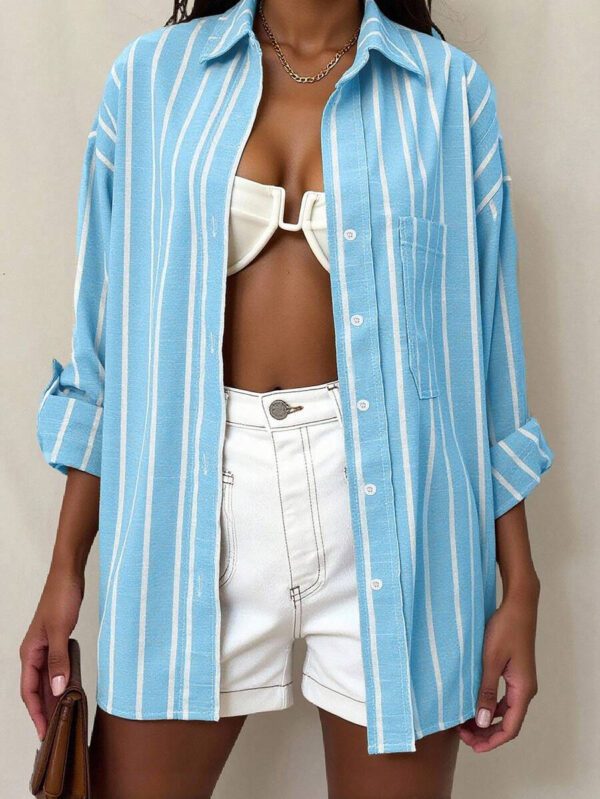 INAWLY Chemise décontractée à manches longues à épaules tombantes et à simple boutonnage à rayures pour femme – Image 50