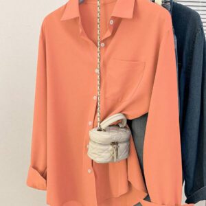 Glimmora Chemise décontractée à manches longues, à boutons et à poche, de couleur unie pour femmes