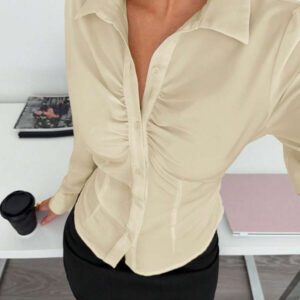 Siren Gaze Blouse à manches longues à plis simples avec boutons pour femmes, chemise blanche col chemise