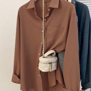 Glimmora Chemise décontractée à manches longues, à boutons et à poche, de couleur unie pour femmes