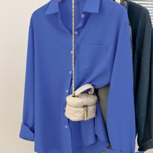 Glimmora Chemise décontractée à manches longues, à boutons et à poche, de couleur unie pour femmes