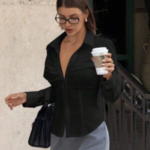 Siren Gaze Blouse à manches longues à plis simples avec boutons pour femmes, chemise blanche col chemise