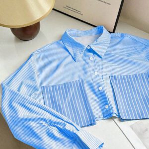 Flirla Chemise à manches longues à fermeture par boutons à l'avant, avec poche 3D et patchwork rayé, style décontracté