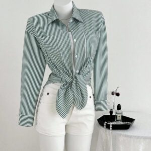 Hanevo Chemise rayée à manches longues et à épaules tombantes pour femme, hauts à manches longues