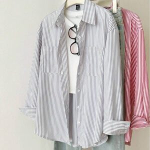 Hanevo Chemise rayée à manches longues et à épaules tombantes pour femme, hauts à manches longues