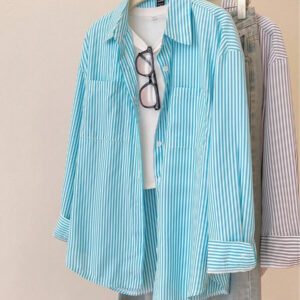 Hanevo Chemise rayée à manches longues et à épaules tombantes pour femme, hauts à manches longues