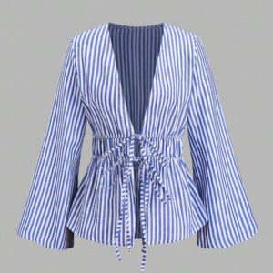 Sweetra Blouse à manches évasées avec ceinture nouée et rayures, décontractée, pour le travail, automne