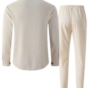 2 pièces Ensemble décontracté pour hommes, chemise à manches longues avec col à revers et poche poitrine de couleur unie, et pantalon long. Ensemble léger de loisirs et de sports, pour le printemps, l'automne et l'hiver.