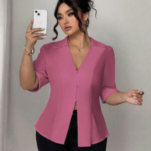 Elenzga Chemisier bleu ample à col en V en tissu doux, ouverture devant, ourlet ajusté avec fente, manches 3/4 avec revers, taille plissée, style casual et pratique pour le bureau. Chemisiers élégants pour femmes