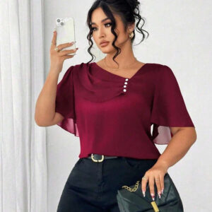 Elenzga Blouse élégante à manches courtes avec col asymétrique à volants, décoration de boutons. Blouse habillée, top bleu, top bleu-vert pour femmes, grande taille