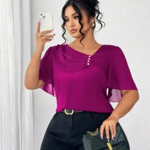 Elenzga Blouse élégante à manches courtes avec col asymétrique à volants, décoration de boutons. Blouse habillée, top bleu, top bleu-vert pour femmes, grande taille