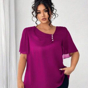 Elenzga Blouse élégante à manches courtes avec col asymétrique à volants, décoration de boutons. Blouse habillée, top bleu, top bleu-vert pour femmes, grande taille