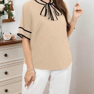 SHEIN Privé Chemise À Col Contrasté Avec Bordure Et nœud En Taille Plus