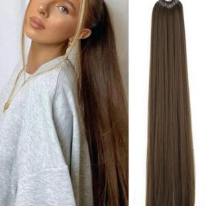 Extensions de queue de cheval de 16 pouces/26 pouces/34 pouces, bande élastique polyvalente queue de cheval de couleur brun café résistante à la chaleur pour femmes, queue de cheval longue et droite à enrouler soi-même en fibres synthétiques douces et naturelles pour un usage quotidien, cosplay, cadeaux pour Noël, festivals de musique et carnaval