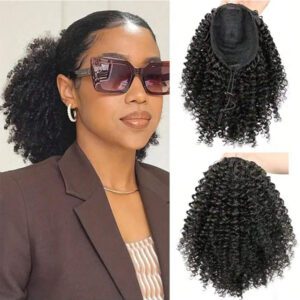 Extension de cheveux synthétiques frisés en queue de cheval 10 pouces court bouclé kinky avec cordon pour femmes pour un port quotidien, queue de cheval synthétique frisée postiche