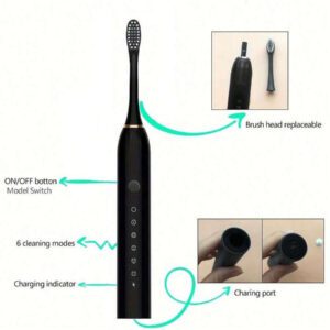 Brosse à dents électrique - 6 modes de nettoyage, étanche IPX7 et rechargeable USB | Minuterie intelligente, batterie 300 mAh, poils doux et multiples options de couleurs pour blanchir les dents, des gencives saines et des soins bucco-dentaires supérieurs avec une autonomie de 30 jours et des têtes de brosse remplaçables