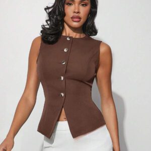 Hauture Vêtements d'hiver pour femmes, chemise décontractée sans manches à col rond et à simple boutonnage en blanc unicolore avec des boutons dorés. Hauts pour femmes, hauts blancs, casual chic pour femmes, vêtements professionnels pour femmes, hauts habillés. Pour les sorties, les concerts, les représentations, les fêtes, les clubs, le soir