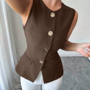 Selianne Veste noire sans manches à taille marquée avec décoration de bouton doré, polyvalente pour un port quotidien, printemps/été