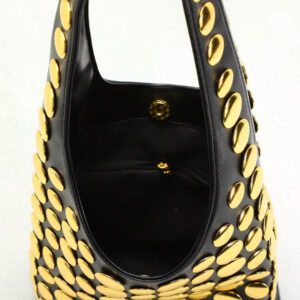 Sac seau de style punk pour femmes avec clous ronds en métal incrustés des deux côtés, sac bandoulière mode de luxe niche incrusté, idéal pour veste moto, ambiance fille cool, pour les trajets et le bureau, sensation haut de gamme
