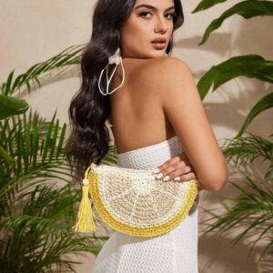 SHEIN SXY Pochettes pour femmes, sac en paille, à la mode, élégant, simple, personnalisé, polyvalent, forme de citron, forme de fruit, pour la plage, les vacances, les jours fériés, l'été, le bord de mer