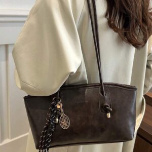 1 pièce Sac de bowling en PU matelassé de couleur unie marron café avec fermeture éclair, grand sac fourre-tout, nouveau sac à bandoulière style vintage à la mode, convient pour un usage quotidien des femmes, automne/hiver