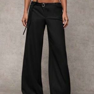 SHEIN BAE Pantalons décontractés larges gris unicolore pour femmes, avec cordon de serrage et panneau en maille décoratif, polyvalents pour le port quotidien et les déplacements