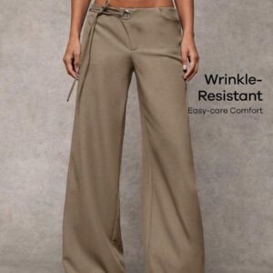 SHEIN BAE Pantalons décontractés larges gris unicolore pour femmes, avec cordon de serrage et panneau en maille décoratif, polyvalents pour le port quotidien et les déplacements