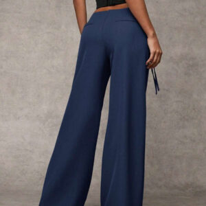 SHEIN BAE Pantalons décontractés larges gris unicolore pour femmes, avec cordon de serrage et panneau en maille décoratif, polyvalents pour le port quotidien et les déplacements