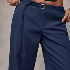 SHEIN BAE Pantalons décontractés larges gris unicolore pour femmes, avec cordon de serrage et panneau en maille décoratif, polyvalents pour le port quotidien et les déplacements