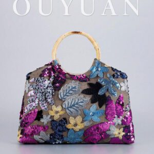 Sac fourre-tout à paillettes de grande capacité pour femme, sac fourre-tout en lin à poignée en rotin de mode simple, convenant aux vacances. Sac fourre-tout à fleurs pailletées. Vacances, fêtes, plages, croisières, cadeaux. (La position du motif est coupée au hasard)