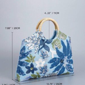 Sac fourre-tout à paillettes de grande capacité pour femme, sac fourre-tout en lin à poignée en rotin de mode simple, convenant aux vacances. Sac fourre-tout à fleurs pailletées. Vacances, fêtes, plages, croisières, cadeaux. (La position du motif est coupée au hasard)