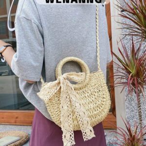 Sac en paille léger et portable, petit sac à bandoulière avec cordon de serrage et double poignée pour adolescentes, femmes, étudiantes, parfait pour l'école, l'extérieur, les voyages, les sorties, le sac à main, le sac à bandoulière, l'école primaire, le collège, le lycée, le travail, les affaires, les déplacements, le shopping, les vacances, le sac en osier, le sac à main avec nœud pour femme, le sac de vacances pour l'été