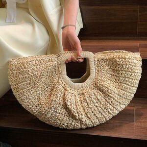 1 pièce Grand sac fourre-tout en toile kaki, sac rond tressé en paille à ouverture supérieure, pour les voyages, les vacances, la plage