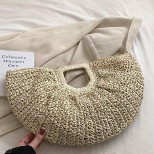 1 pièce Grand sac fourre-tout en toile kaki, sac rond tressé en paille à ouverture supérieure, pour les voyages, les vacances, la plage