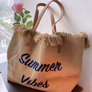 Sac fourre-tout en canevas de grande capacité avec décoration de lettre et de franges, sac à bandoulière minimaliste pour le transport/les courses