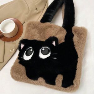 Sac à épaule motif chat mode et mignon, sac fourré automne hiver, sac cabas grande capacité à contraste de couleurs dessin animé, parfaitement assorti aux tenues d'automne pour femmes