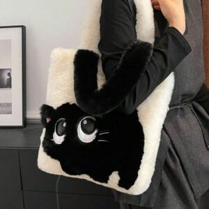 Sac à épaule motif chat mode et mignon, sac fourré automne hiver, sac cabas grande capacité à contraste de couleurs dessin animé, parfaitement assorti aux tenues d'automne pour femmes