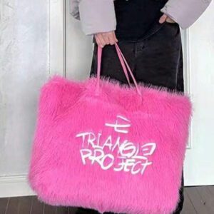 Sac fourre-tout rose mignon et doux avec broderie, style américain Ins, sac à bandoulière/sous le bras, grand sac en peluche unisexe, adorable