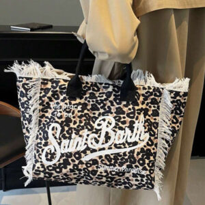 Nouveau style européen et américain. Grand sac cabas à motif léopard avec lettres, franges et pompons. Idéal pour un usage quotidien et la plage.