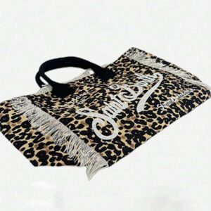 Nouveau style européen et américain. Grand sac cabas à motif léopard avec lettres, franges et pompons. Idéal pour un usage quotidien et la plage.