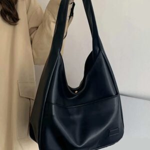 Sac seau grande capacité, sac à épaule, sac fourre-tout, large bandoulière, en PU, sac à main pour femmes, convient pour l'école, le travail, le bureau, style minimaliste mode, tendance, grand sac noir unicolore