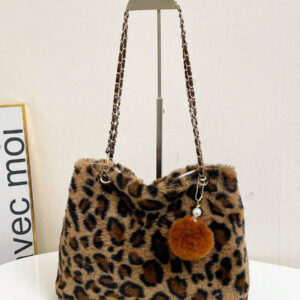 Sac à épaule en peluche imprimé léopard vintage pour femmes, sac fourre-tout de grande capacité et léger de haute qualité avec pendentif, convient pour le travail et les courses