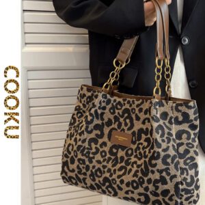 Sac fourre-tout mode et polyvalent avec imprimé léopard et décor de lettre pour femmes