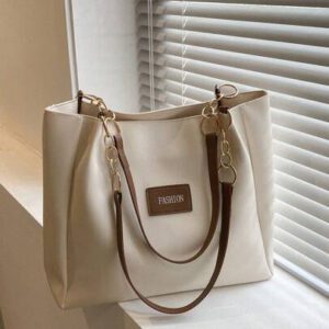 Petit sac fourre-tout à l'épaule avec patch de lettres, sac scolaire, grande capacité, portable, pour adolescentes, étudiantes, col blanc, parfait pour le travail, la rentrée, le collège, le lycée, les vacances, sac fourre-tout à la mode avec fermeture éclair