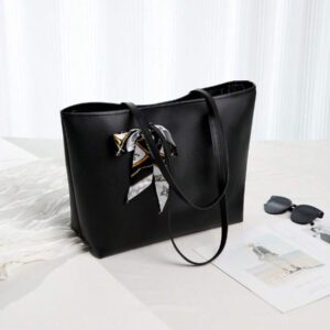 Sac fourre-tout orné d'un foulard de mode à texture de litchi noir