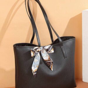 Sac fourre-tout orné d'un foulard de mode à texture de litchi noir
