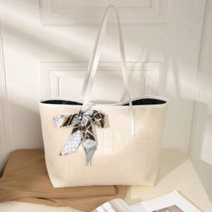 Sac fourre-tout orné d'un foulard de mode à texture de litchi noir