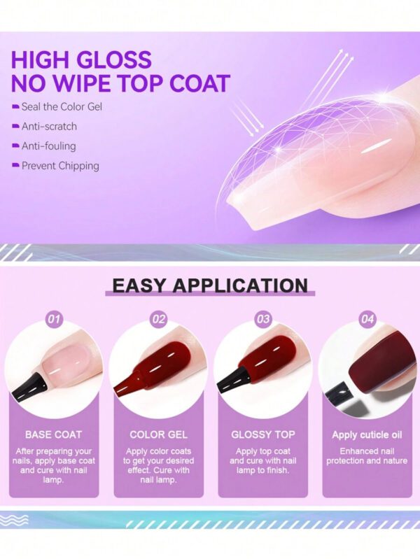 Ensemble De Base Et De Couche Supérieure, Combinaison Mate Et Brillante De 2 Pièces De 15 Ml Sans Essuyage Pour Vernis À Ongles En Gel Durcissant À La Lumière Uv/led, Manucure Artistique Pour Les Ongles De Salon De Bricolage Pour Femmes – Image 4