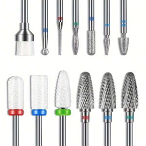 10/12/14 pièces Forets de lime à ongles diamantés, jeu de forets de lime à ongles diamantés, kit professionnel hypoallergénique de repoussoir de cuticules rotatif, outils de manucure et pédicure électriques pour ongles en acrylique et en gel avec embouts codés en couleur, fournitures pour technicien d'ongles
